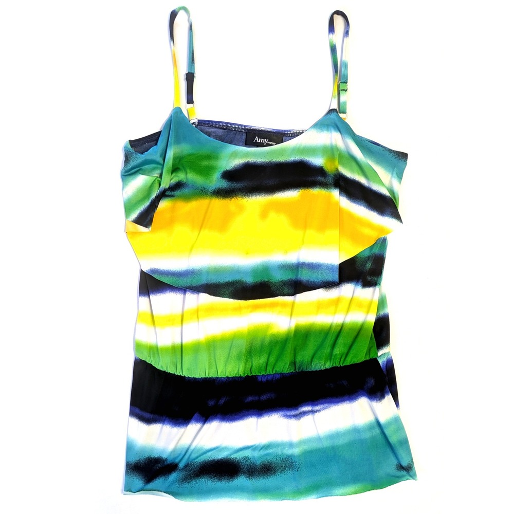 Amywear Womens Multi Color Striped Ruffle Tank Top Elastic Waist Size S USA
